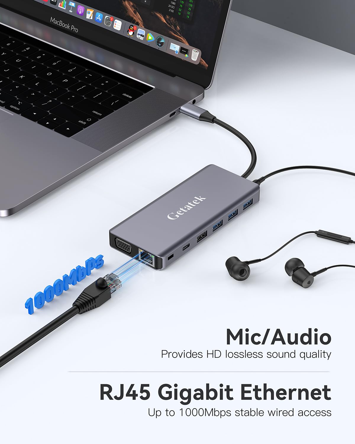 Getatek dock integrated in a tidy home office setup boosting multiport workstation efficiency