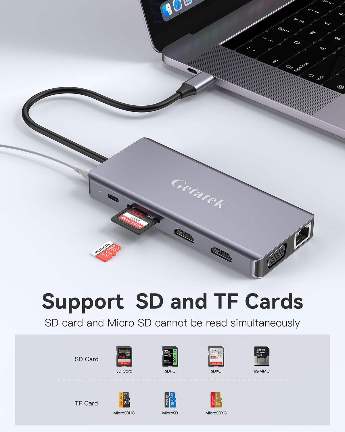 Getatek dock next to laptop showing size and scale to illustrate compact portability