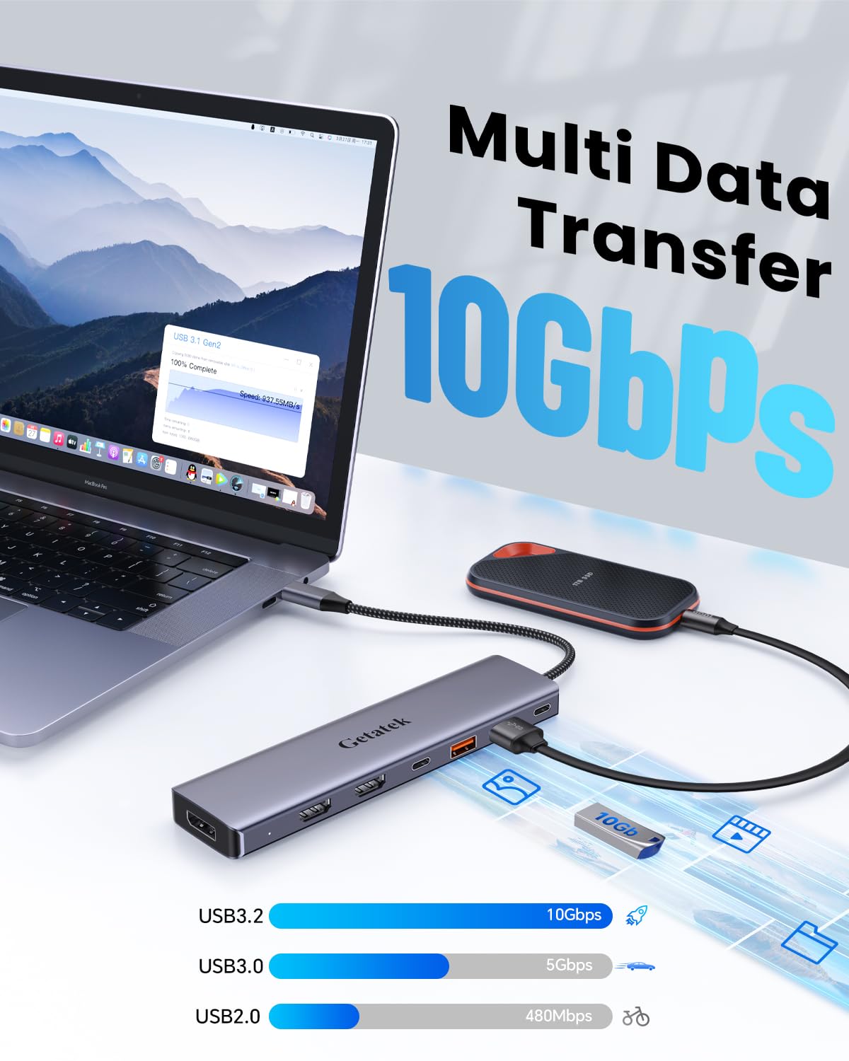 Getatek USB 3.2 port label emphasizing 10Gbps speed for fast external drive transfers