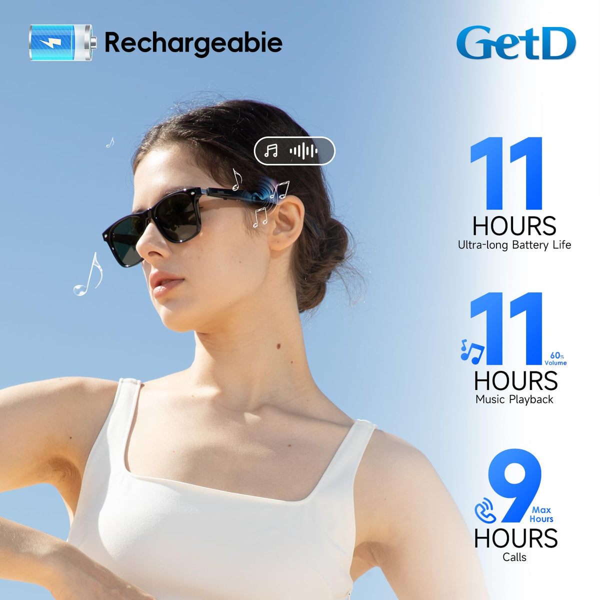 GetD AI Glasses battery life showcasing long playback and talk time.