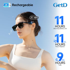 GetD AI Glasses battery life showcasing long playback and talk time.