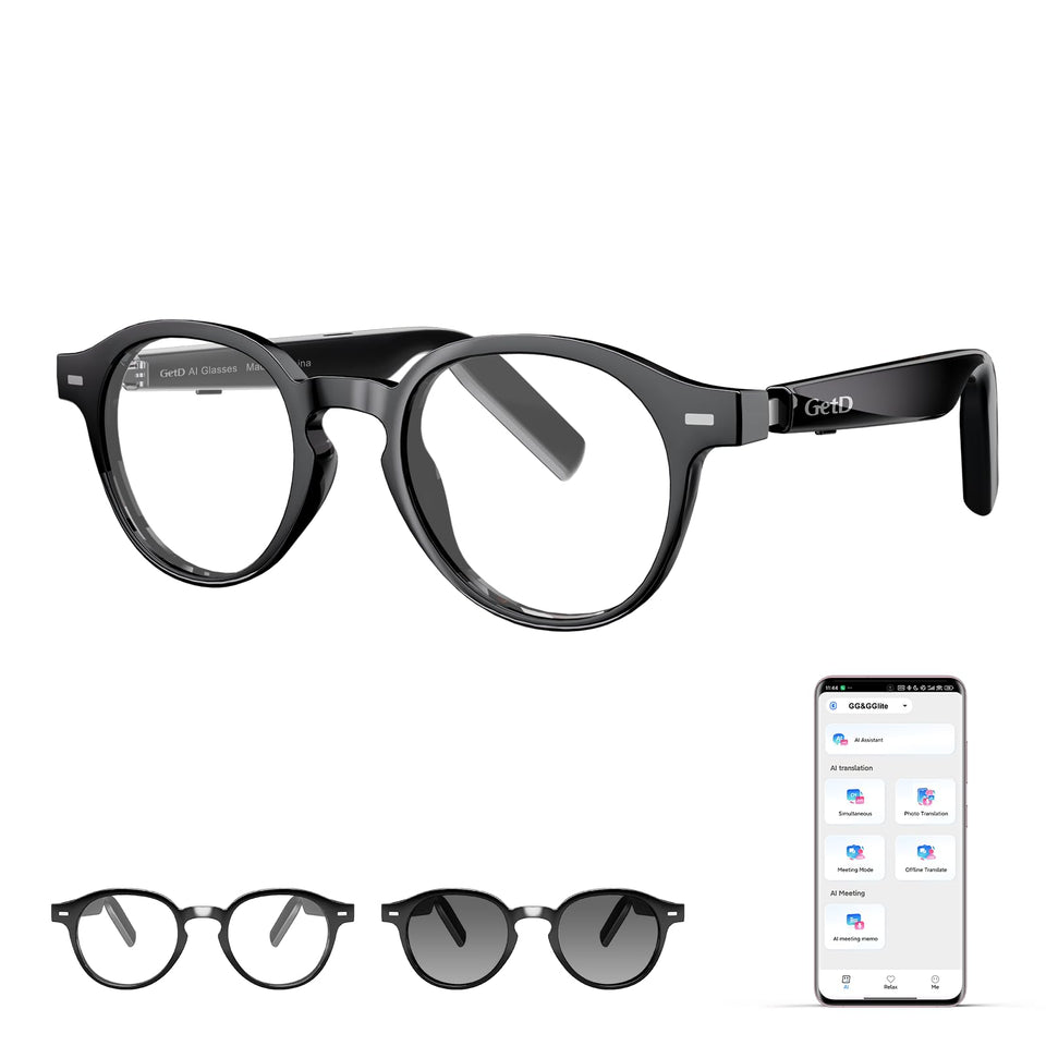 GetD AI glasses worn in urban lifestyle for hands-free assistance and daily tasks.