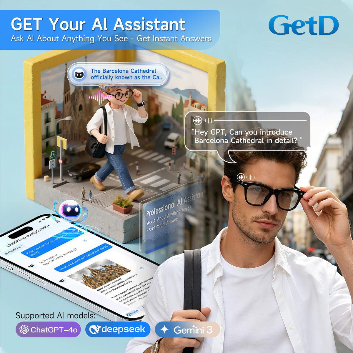 GetD AI Glasses dual mics with noise reduction for clear calls.