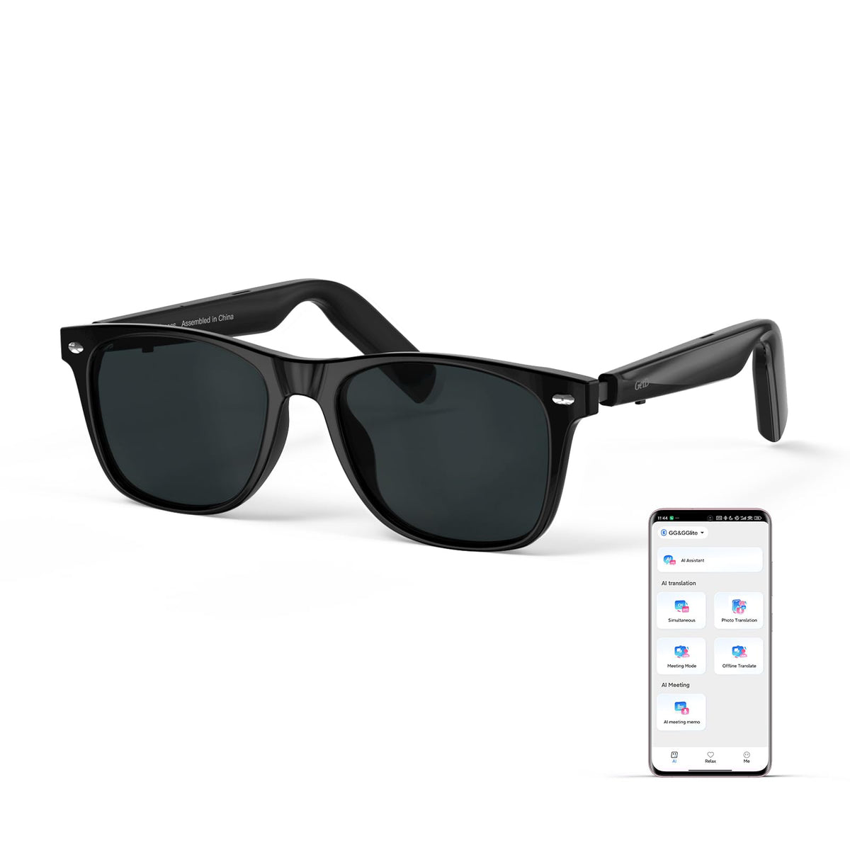 GetD AI Glasses on face with translation UI for real-time communication