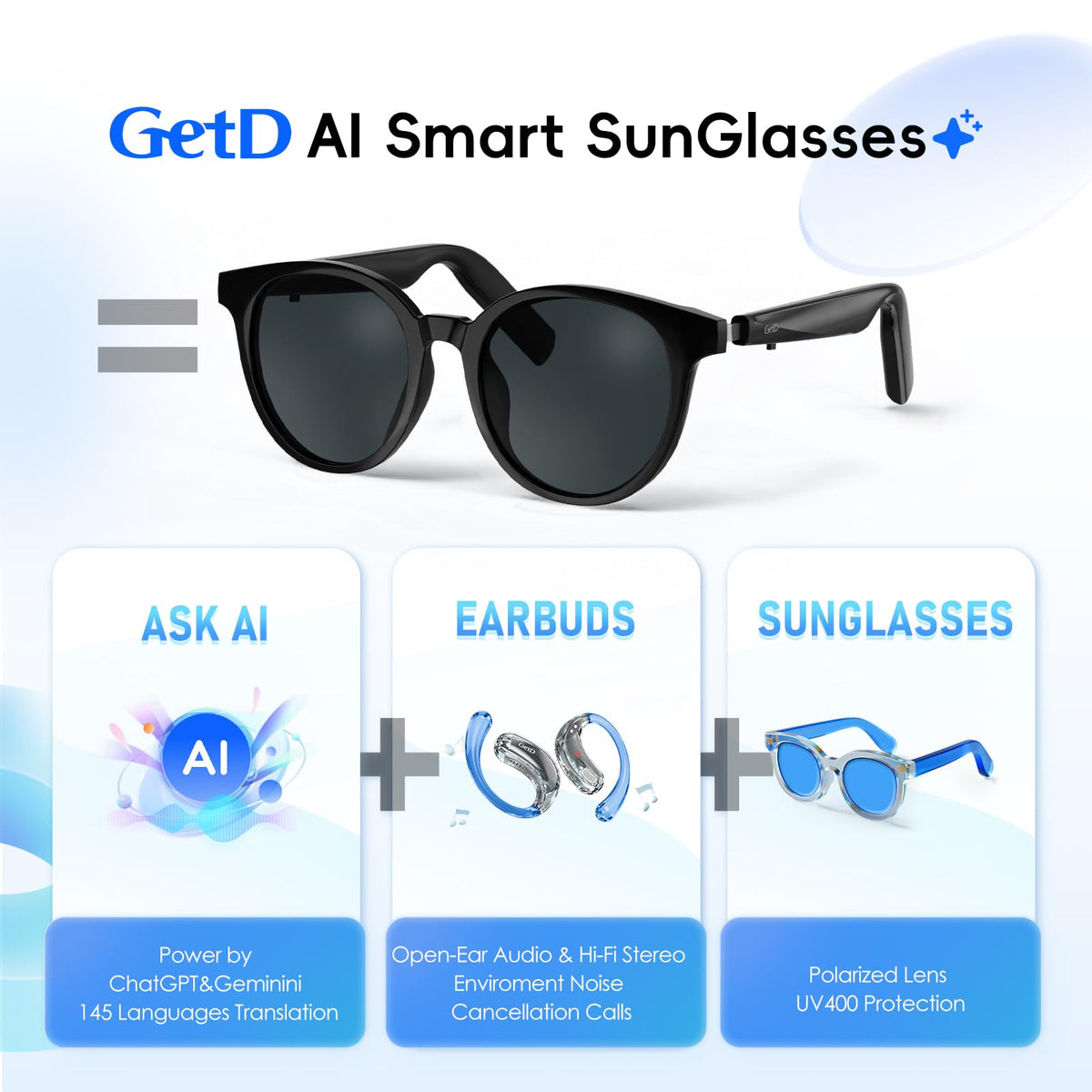 GetD AI Glasses open-ear audio delivers stereo sound while staying aware.