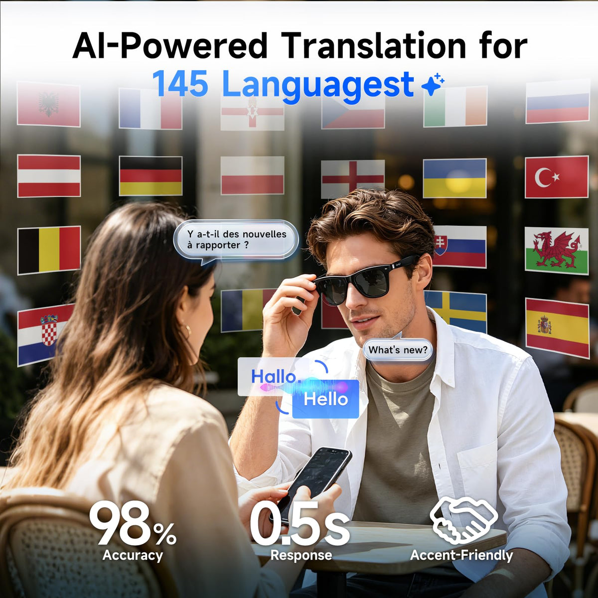 GetD AI glasses deliver open-ear audio for hands-free calls and music.