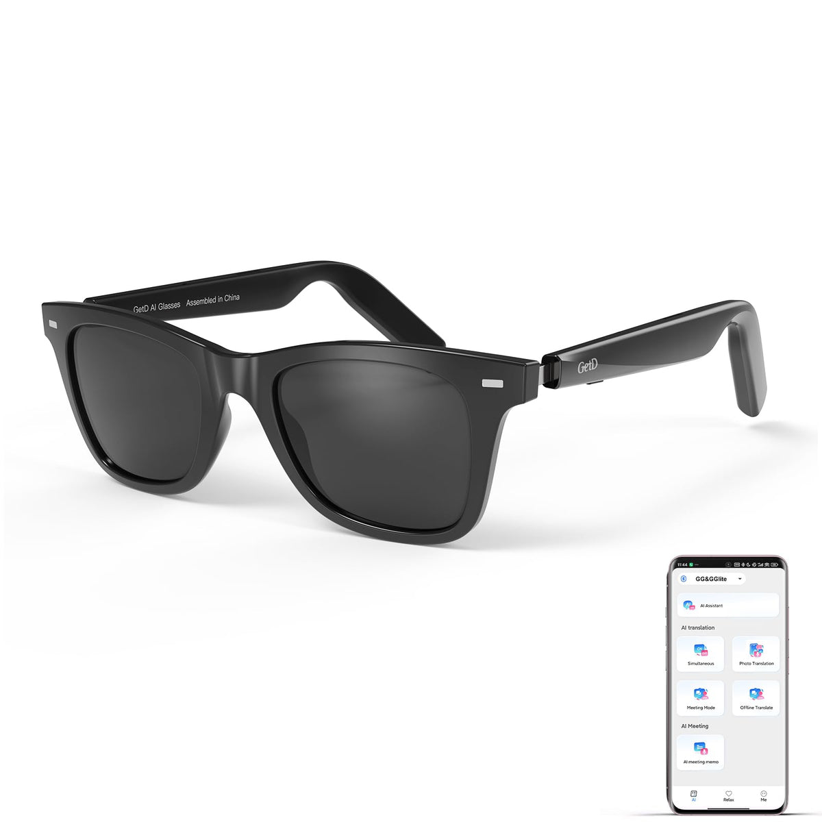 GetD AI glasses with real-time translation for travel and meetings.