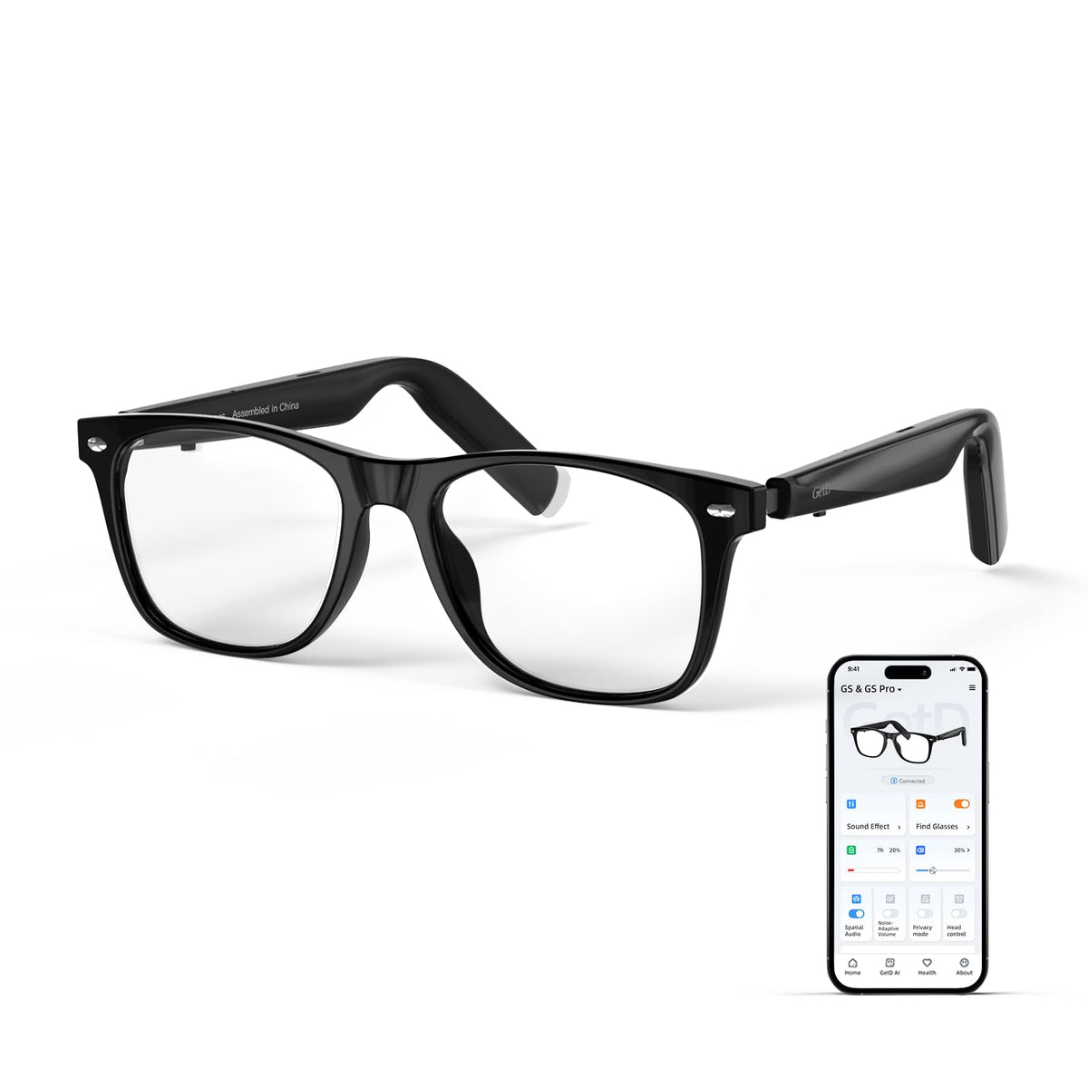 GetD front view of smart glasses showing frame and lenses, clear everyday style