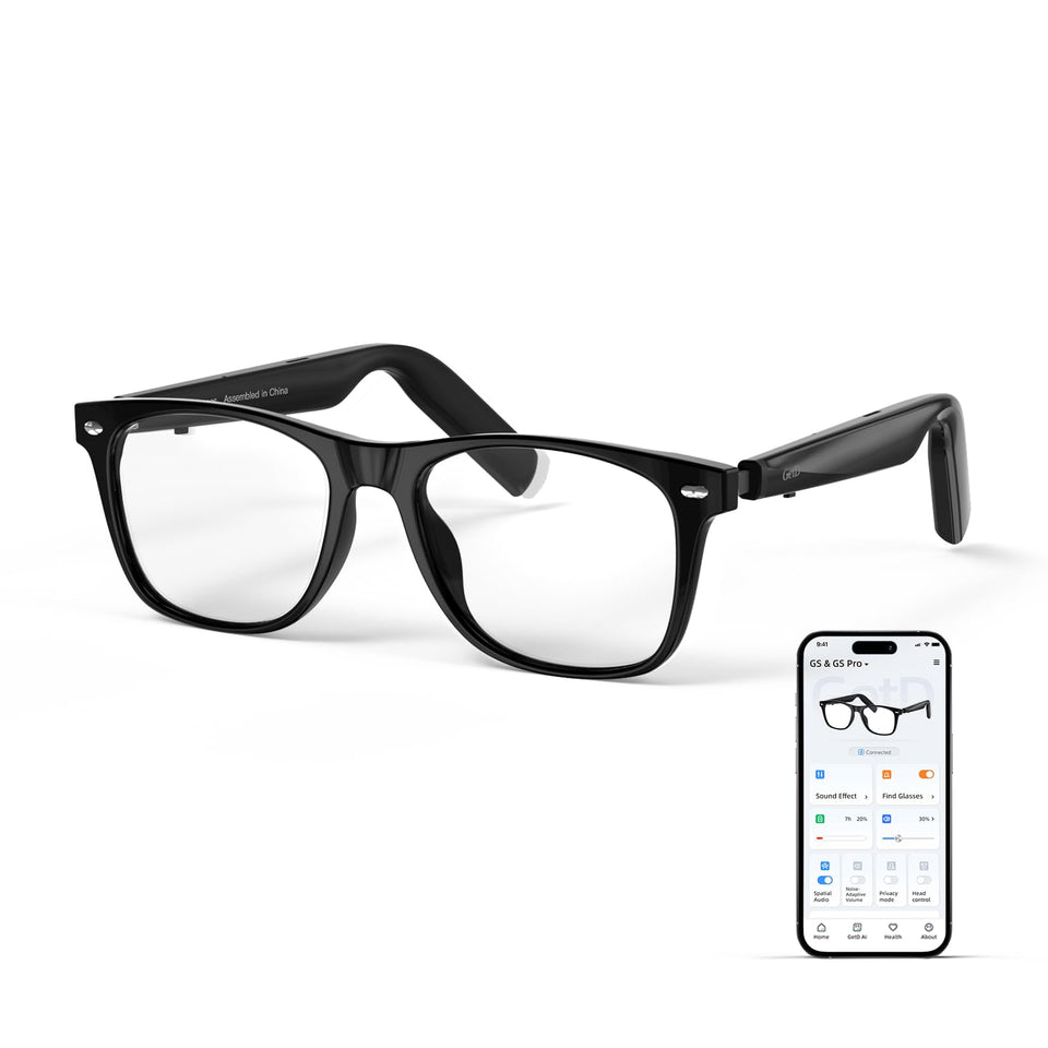GetD front view of smart glasses showing frame and lenses, clear everyday style