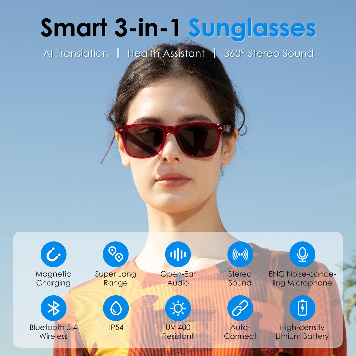 GetD open-ear audio glasses for comfortable hands-free music and calls.