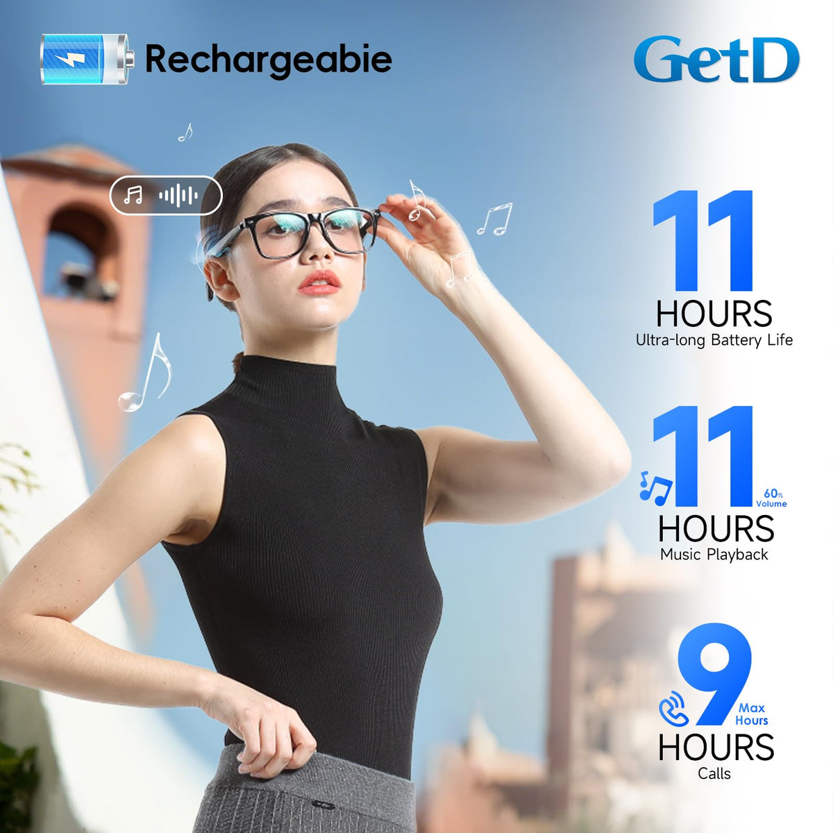 GetD glasses worn by traveler in city, showing hands-free translation and music