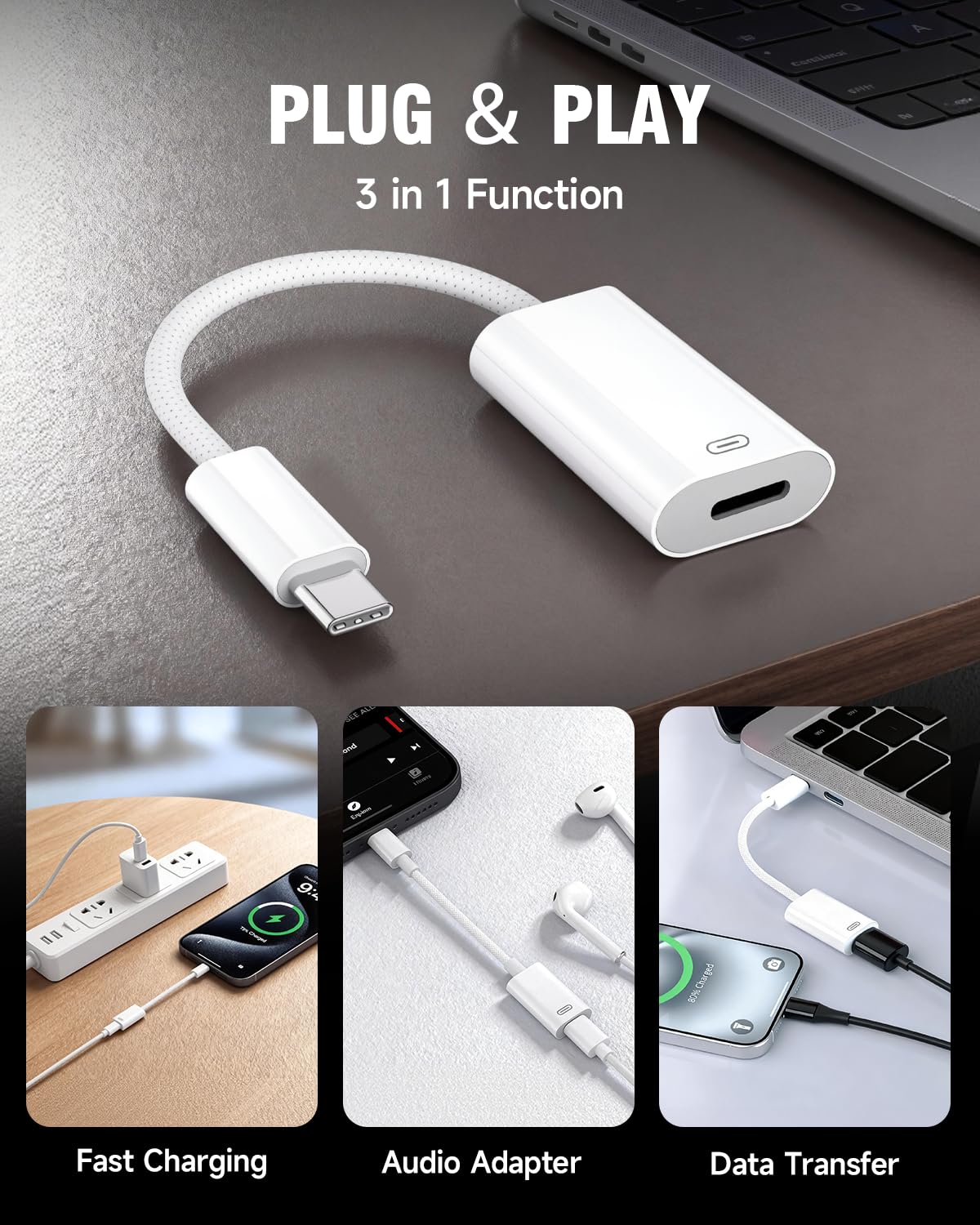 GetsISKON adapter connected to iPhone demonstrating headphone and charge use
