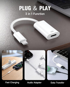 GetsISKON adapter connected to iPhone demonstrating headphone and charge use