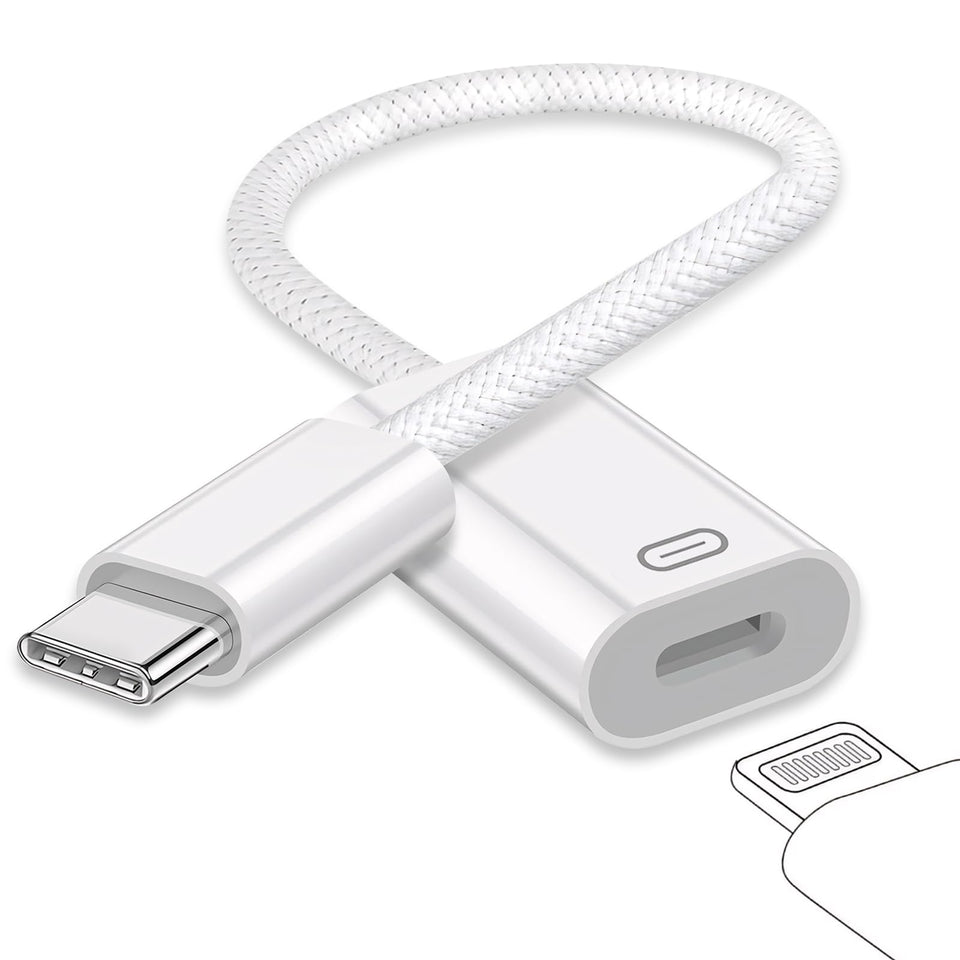 GetsISKON USB C to Lightning adapter on desk enabling versatile charging and audio use