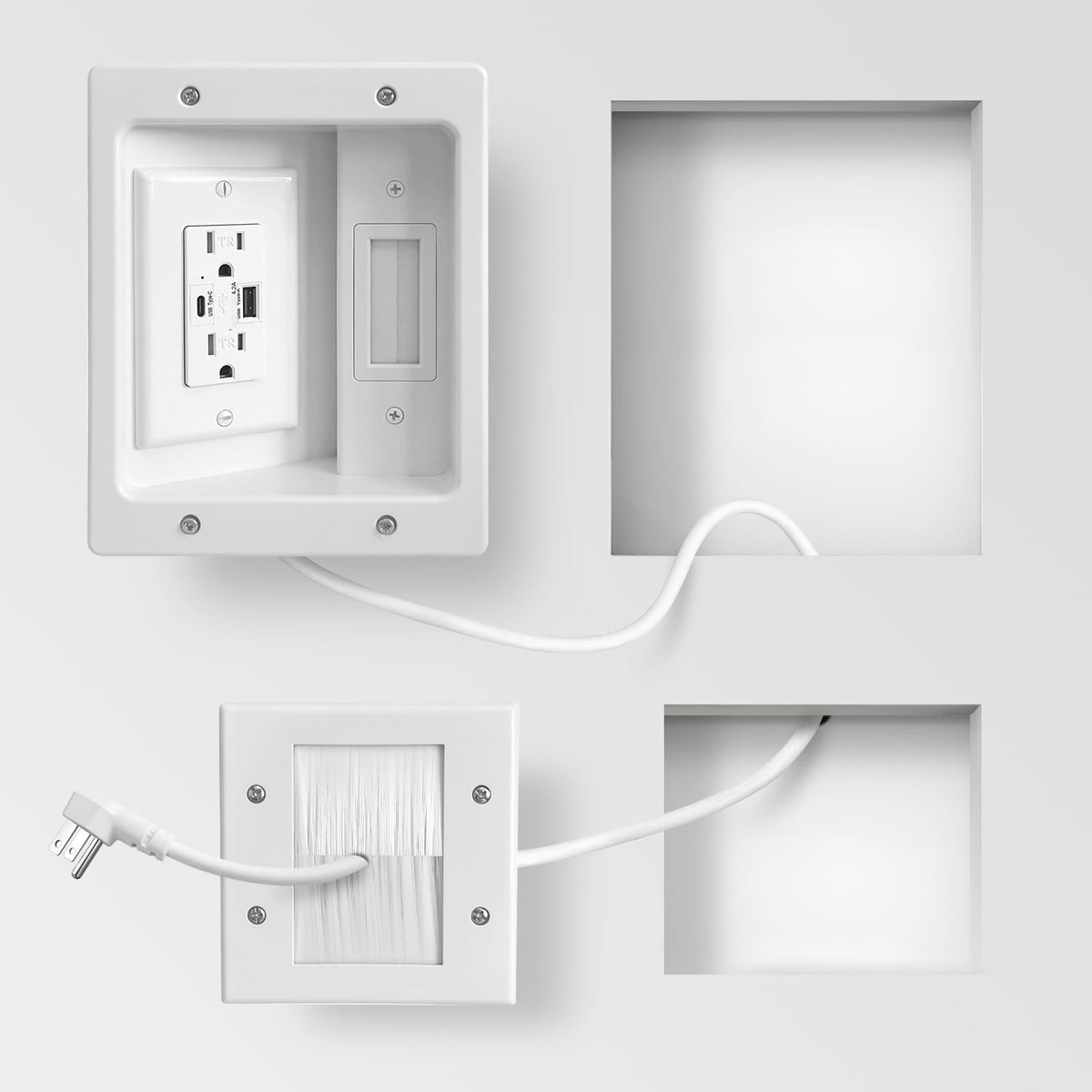 GEVINFA front panel view showing outlets and USB ports for neat power access