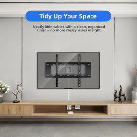 GEVINFA installed behind TV revealing cable-free visible wall for aesthetics