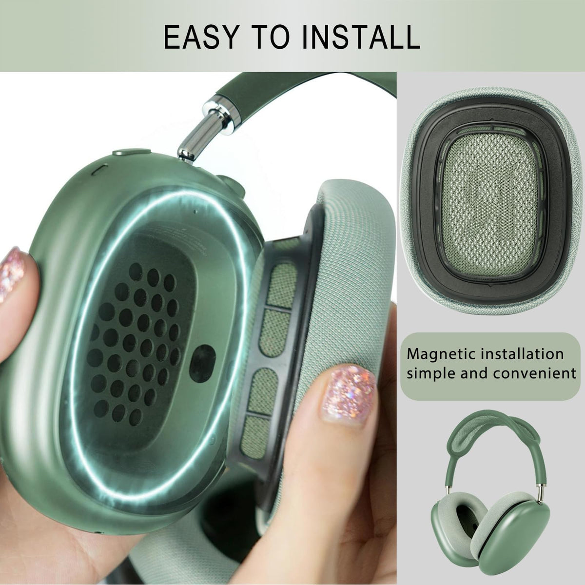 GEVO AirPods Max green ear pads with magnetic attachment for easy fit