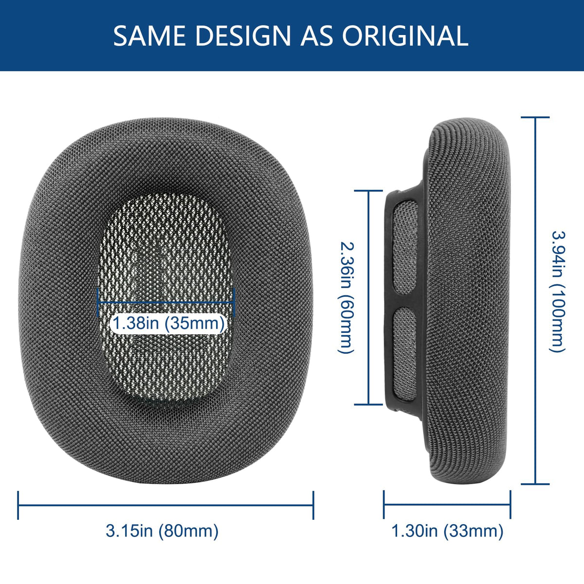 GEVO space-gray cushions match AirPods Max aesthetics and ergonomics