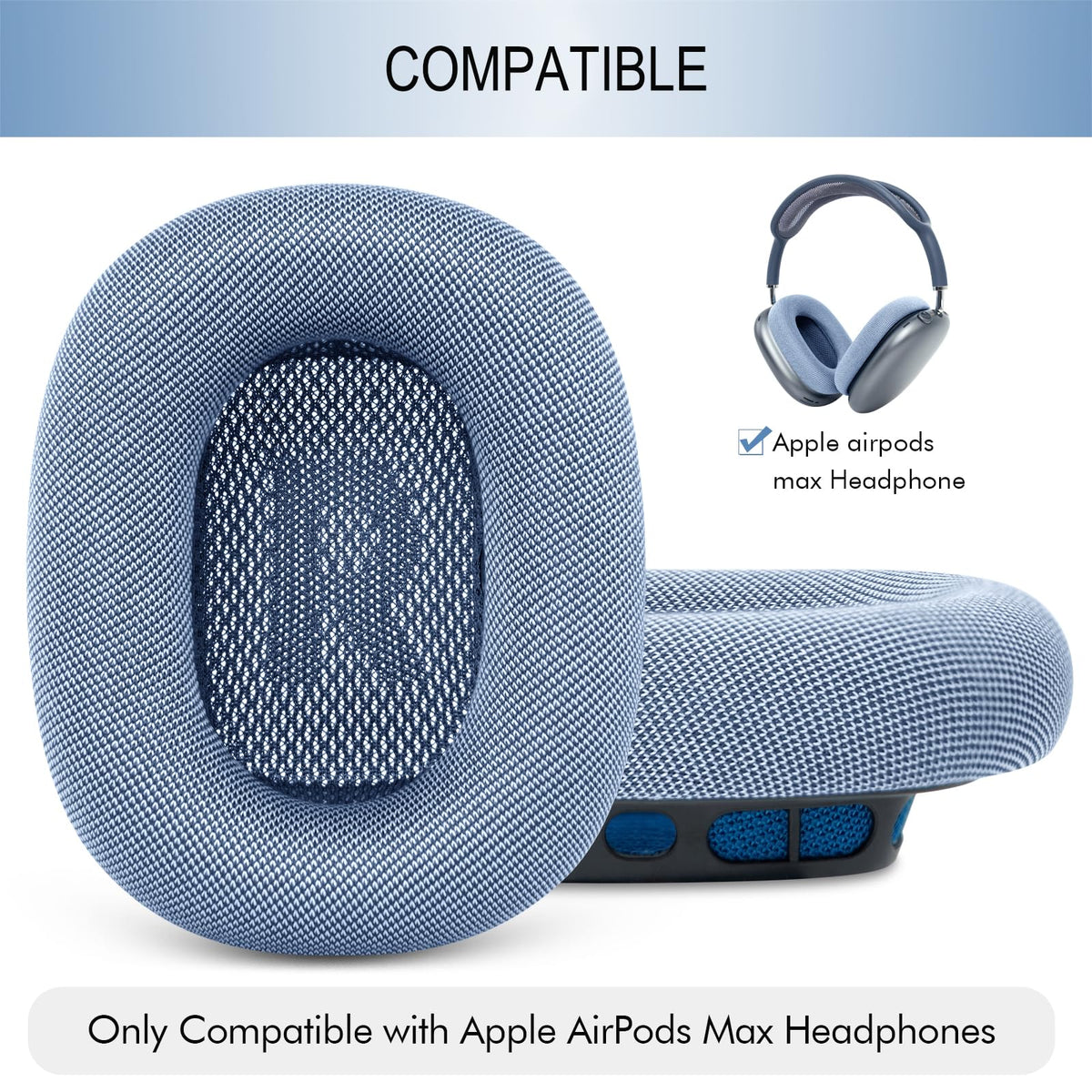 GEVO AirPods Max ear pads sky blue assembly view with easy installation
