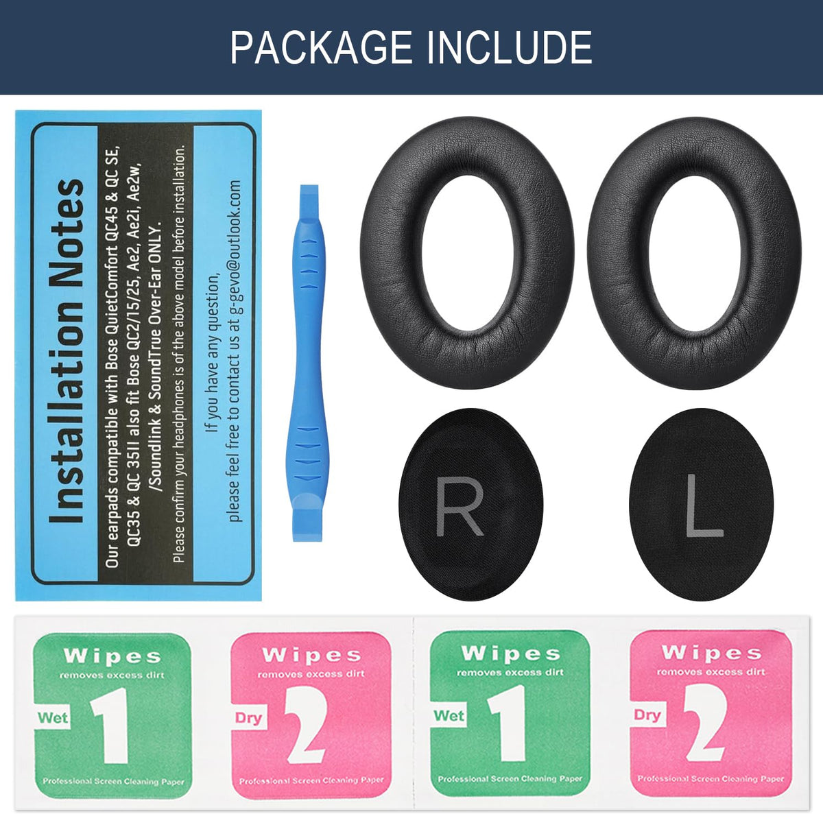 GEVO ear pads packaging for Bose QC45 with care tips.