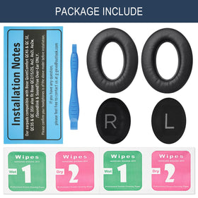 GEVO ear pads packaging for Bose QC45 with care tips.