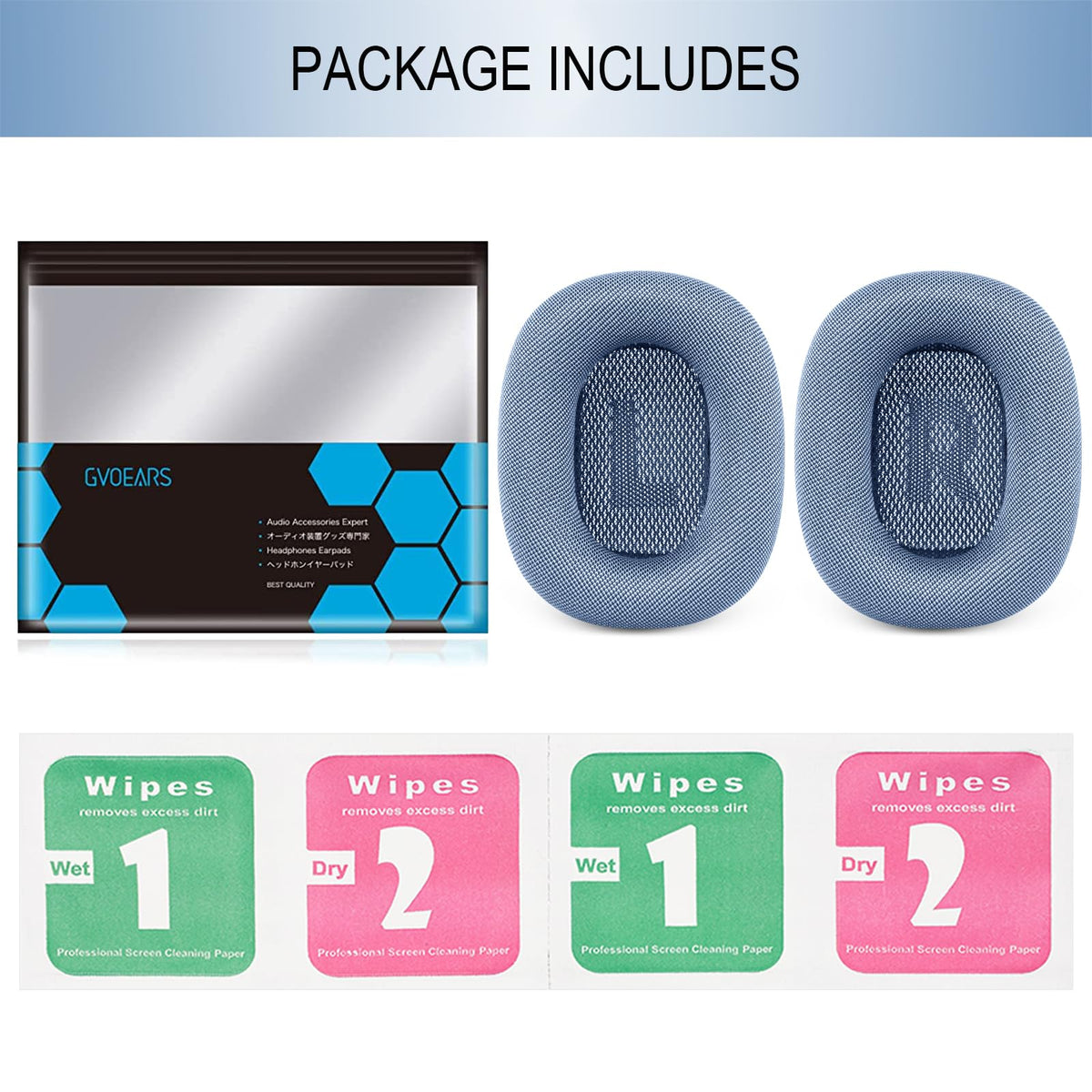 GEVO ear pads sky blue cleaning wipes included with package