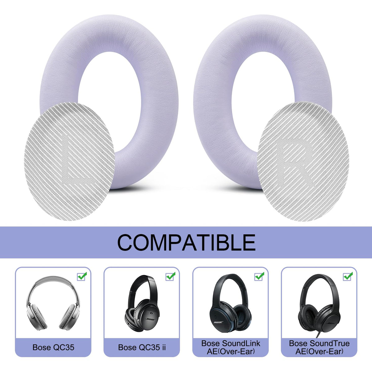 GEVO flexisoft memory foam for QC35 lilac cushions contours to ears for lasting comfort.