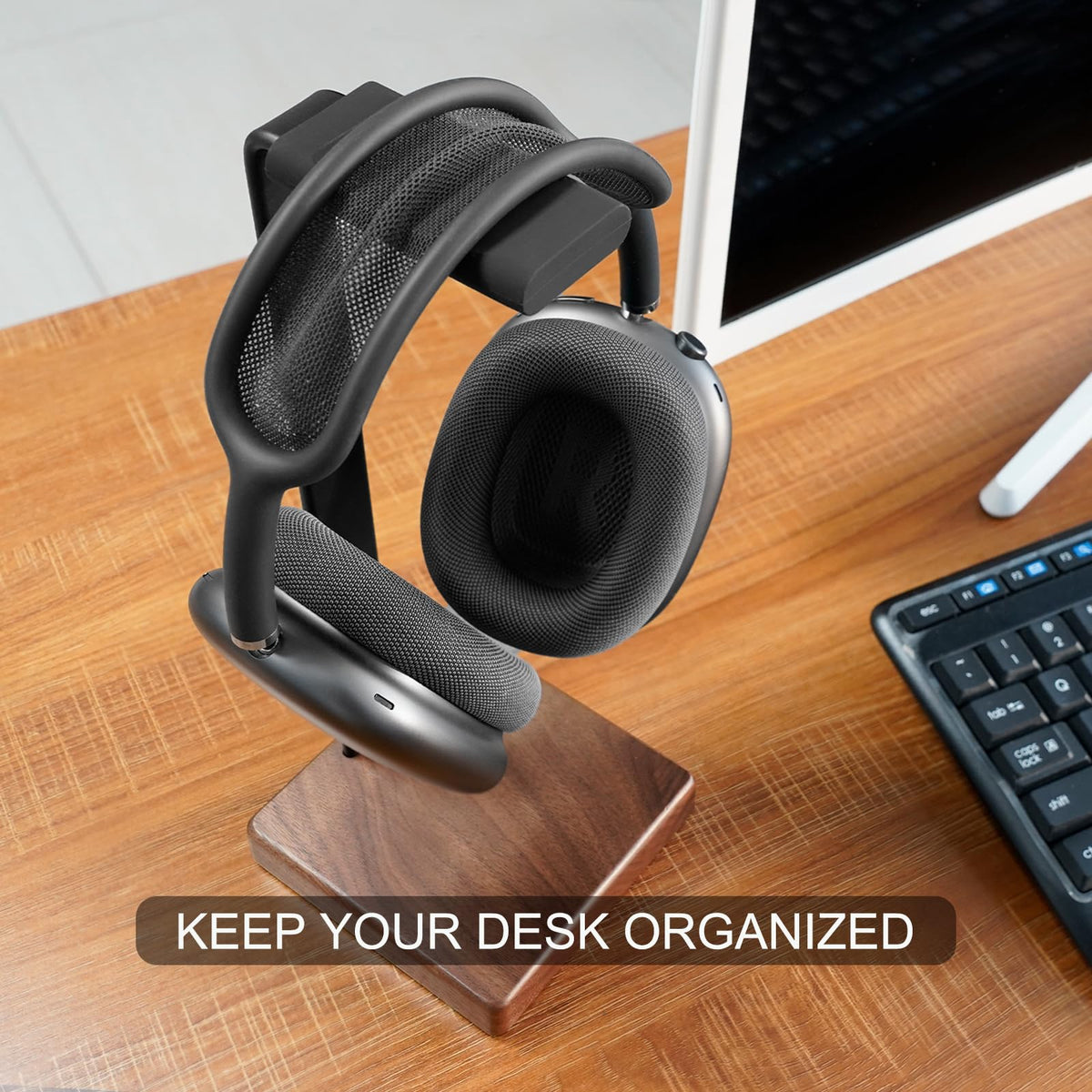 GEVO stand in office scene demonstrates compatibility with gaming headsets.