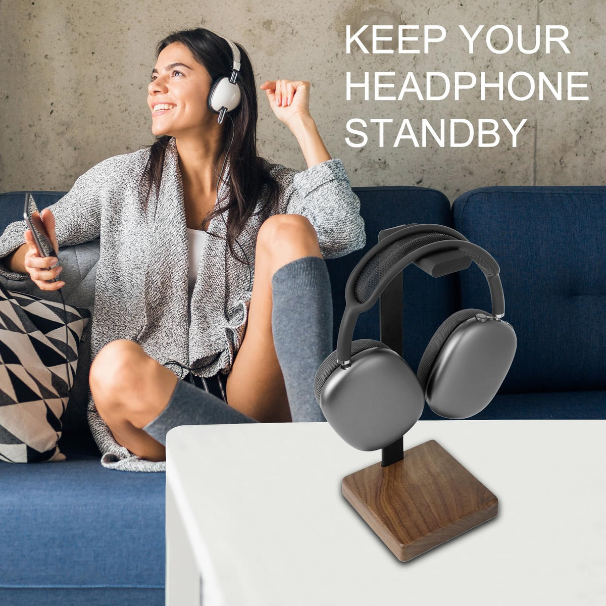 GEVO stand close-up on walnut base texture emphasizes refined design.