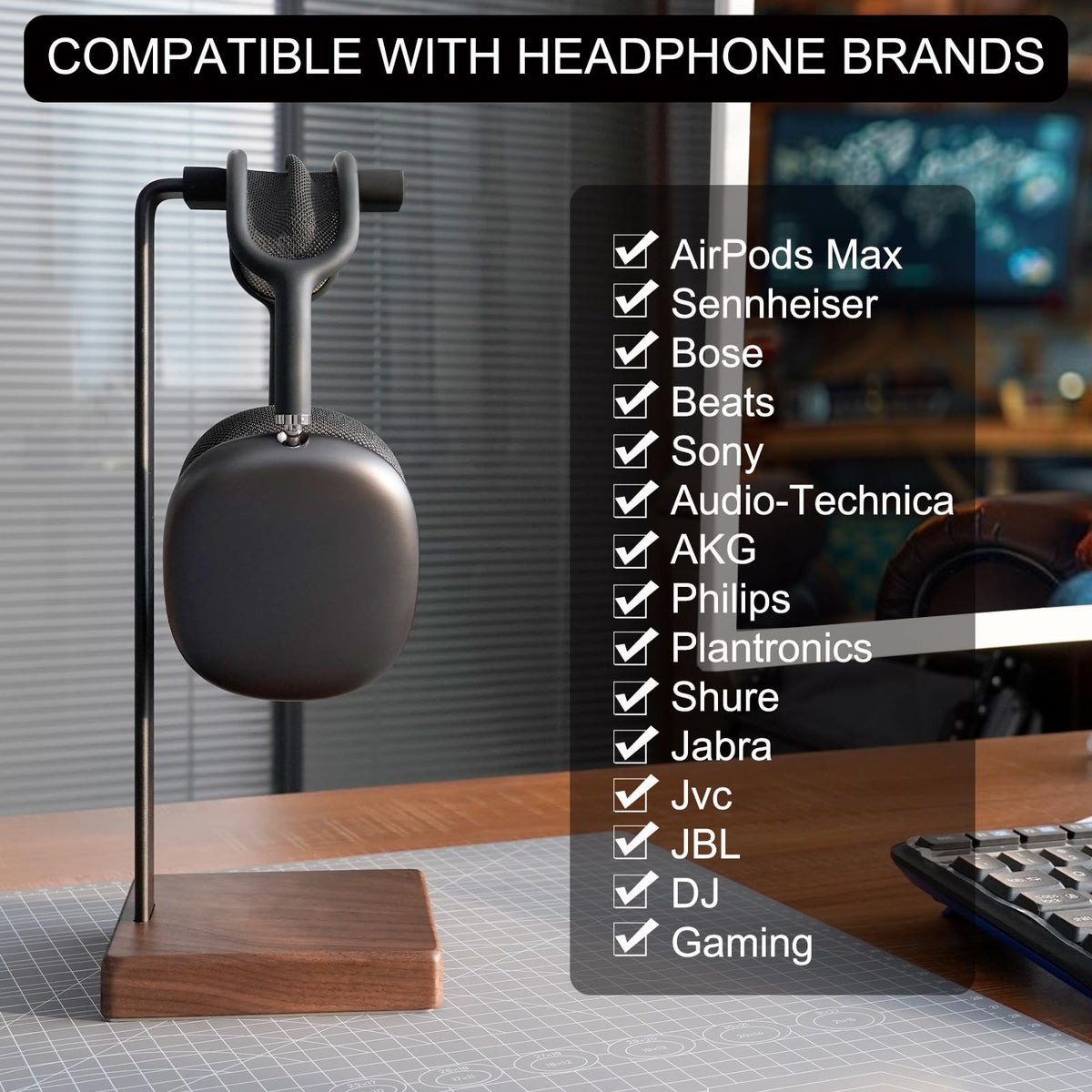 GEVO desk setup shown with anti-slip feet for steady headset storage.