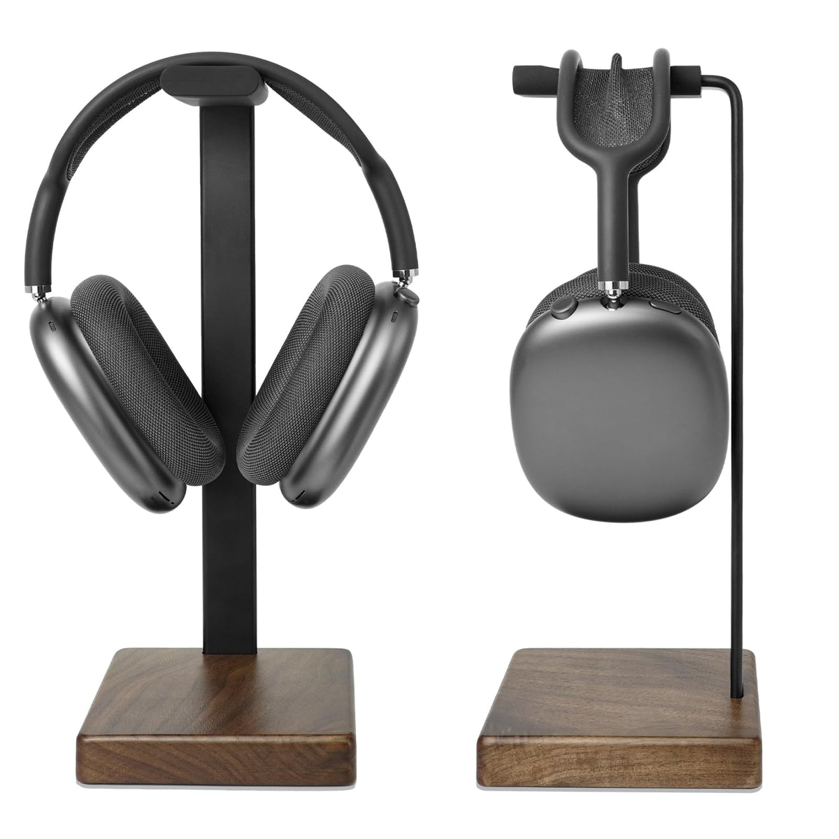 GEVO headphone stand with walnut base front view adds stable storage.