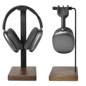 GEVO headphone stand with walnut base front view adds stable storage.