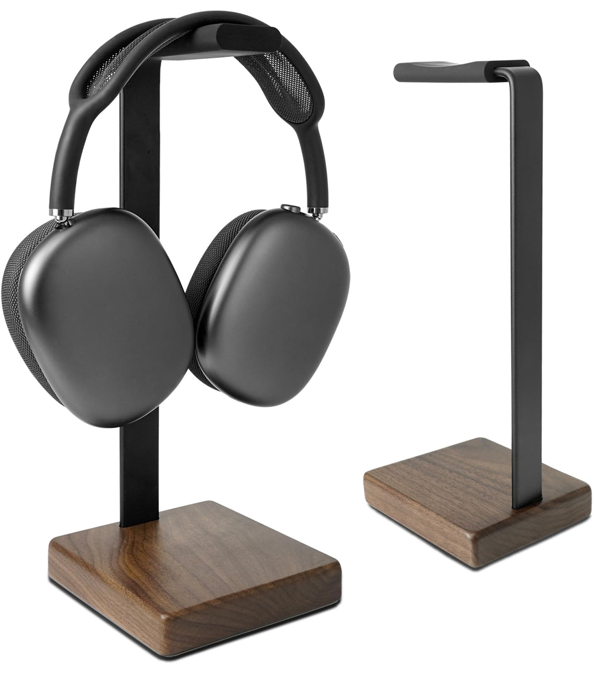 GEVO headphone stand with walnut base shown in side view, keeping desks organized.