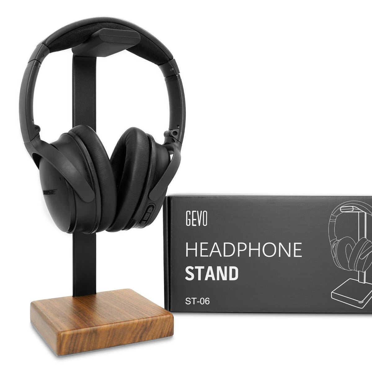 GEVO Headphone Stand in walnut finish elevates your desk and keeps headphones organized.