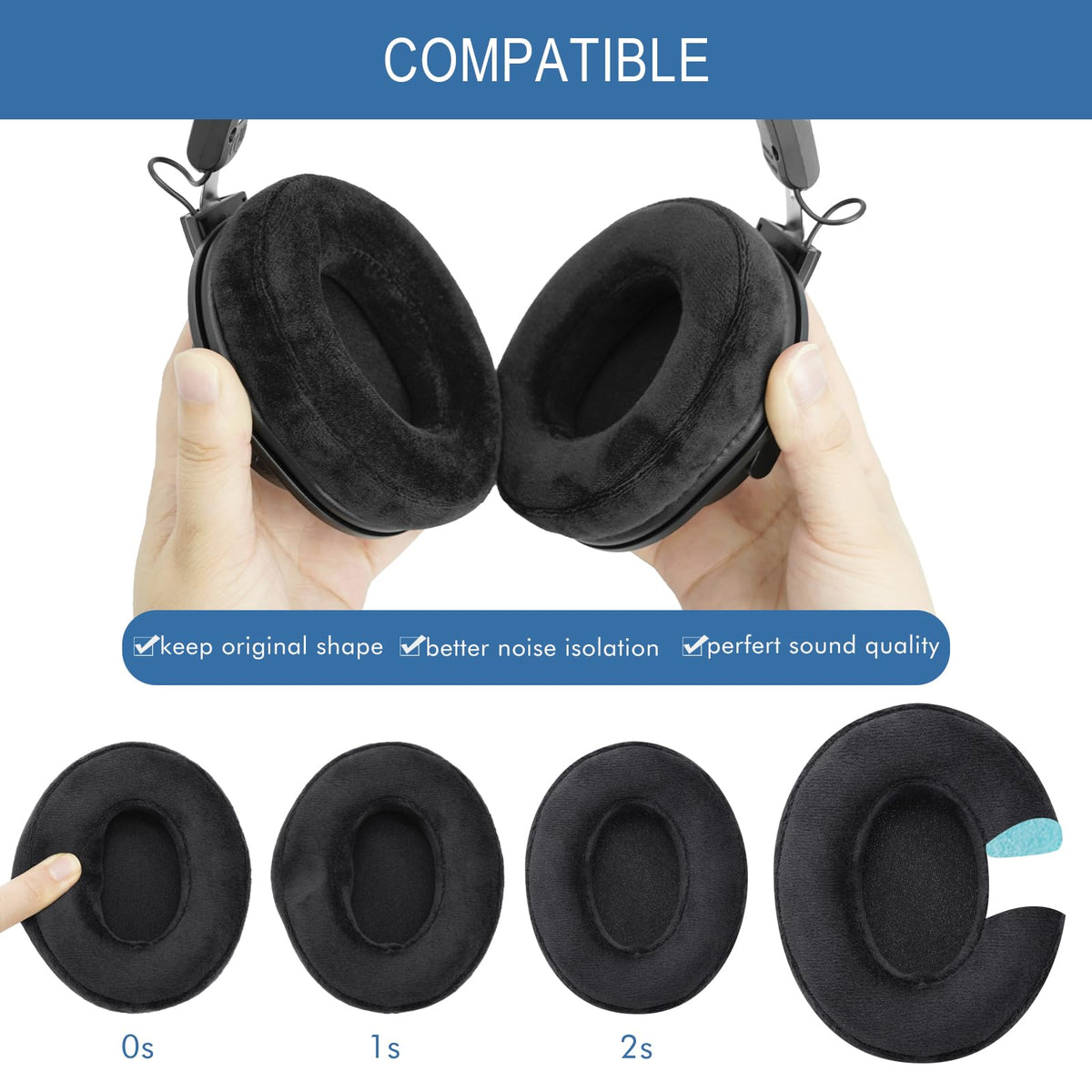 GEVO hand installing earpad showing easy snap-on replacement benefit