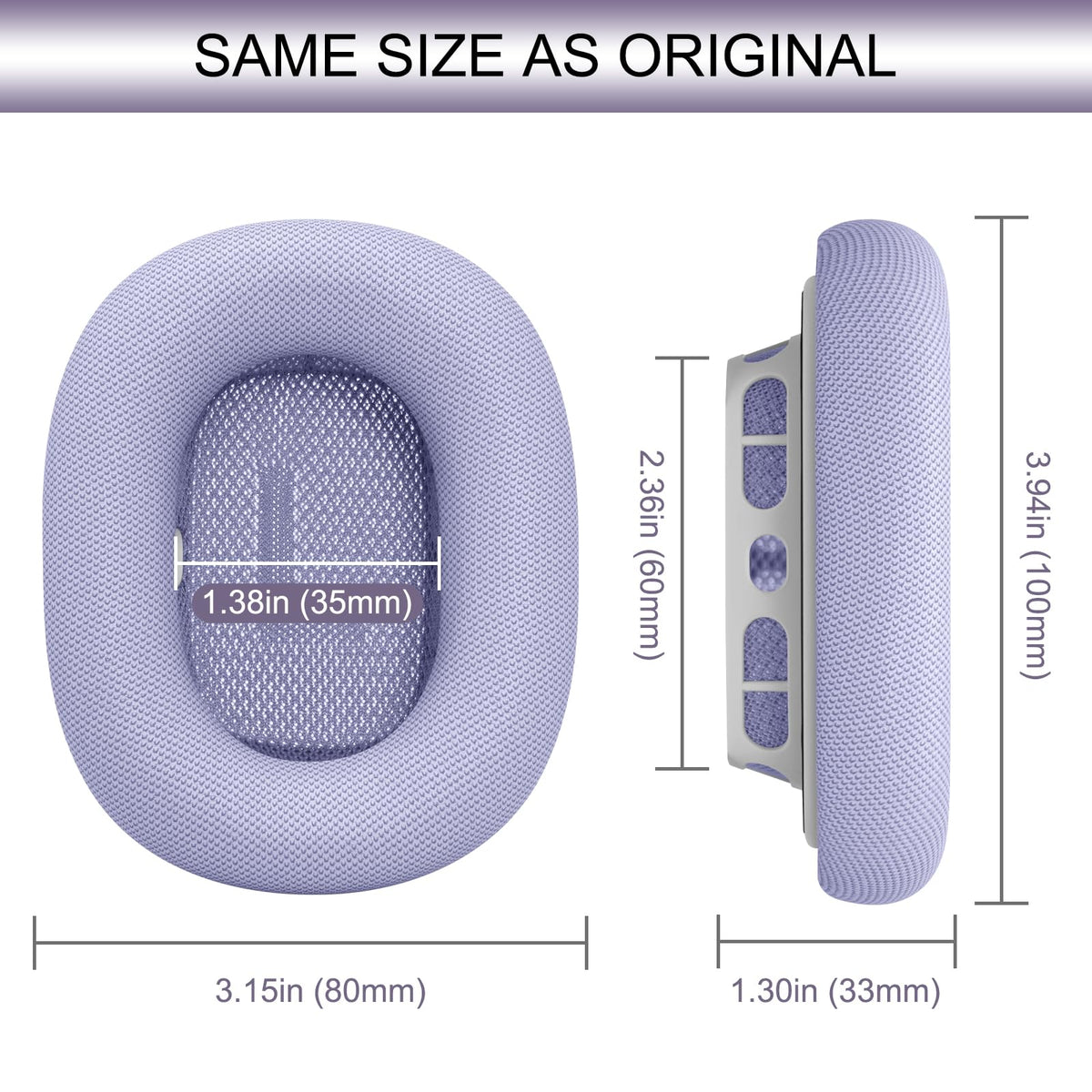 GEVO ear pads next to ruler illustrating size compatibility with AirPods Max benefit