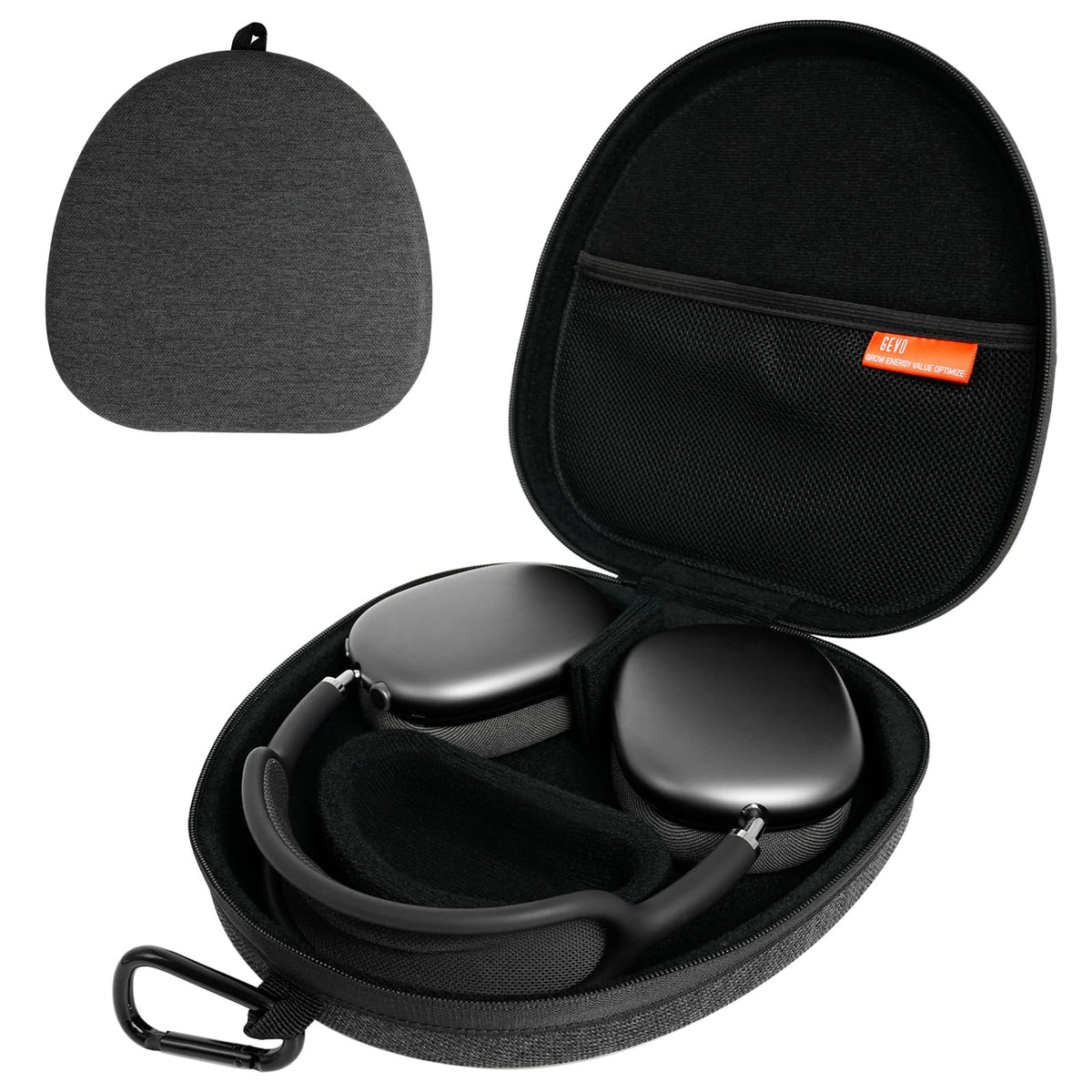 GEVO travel case for AirPods Max, front view, sturdy protection on the go.
