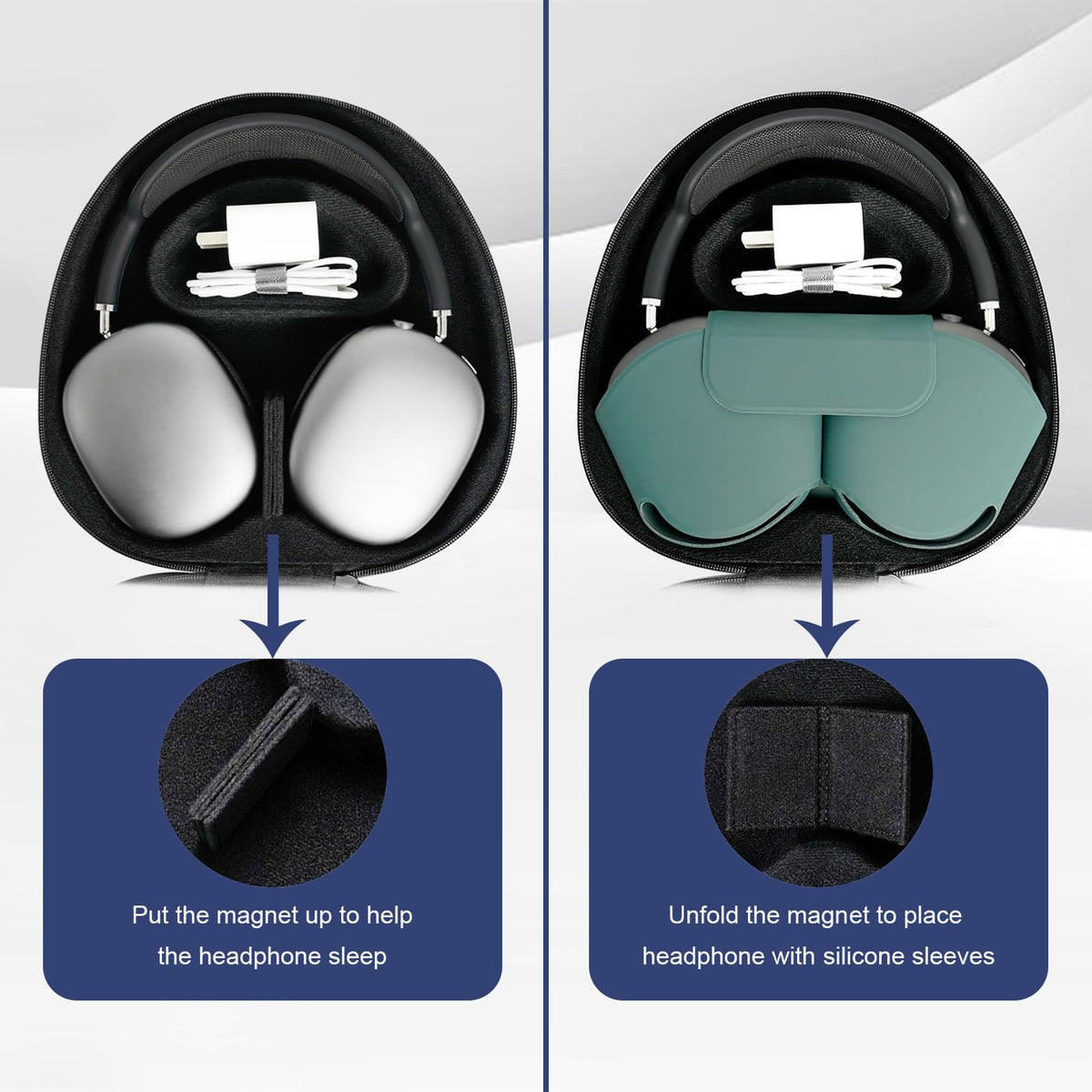 GEVO case opened to reveal soft velour interior protecting headphones.
