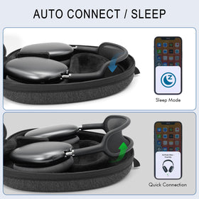 GEVO AirPods Max travel case with side pocket view for cable storage.