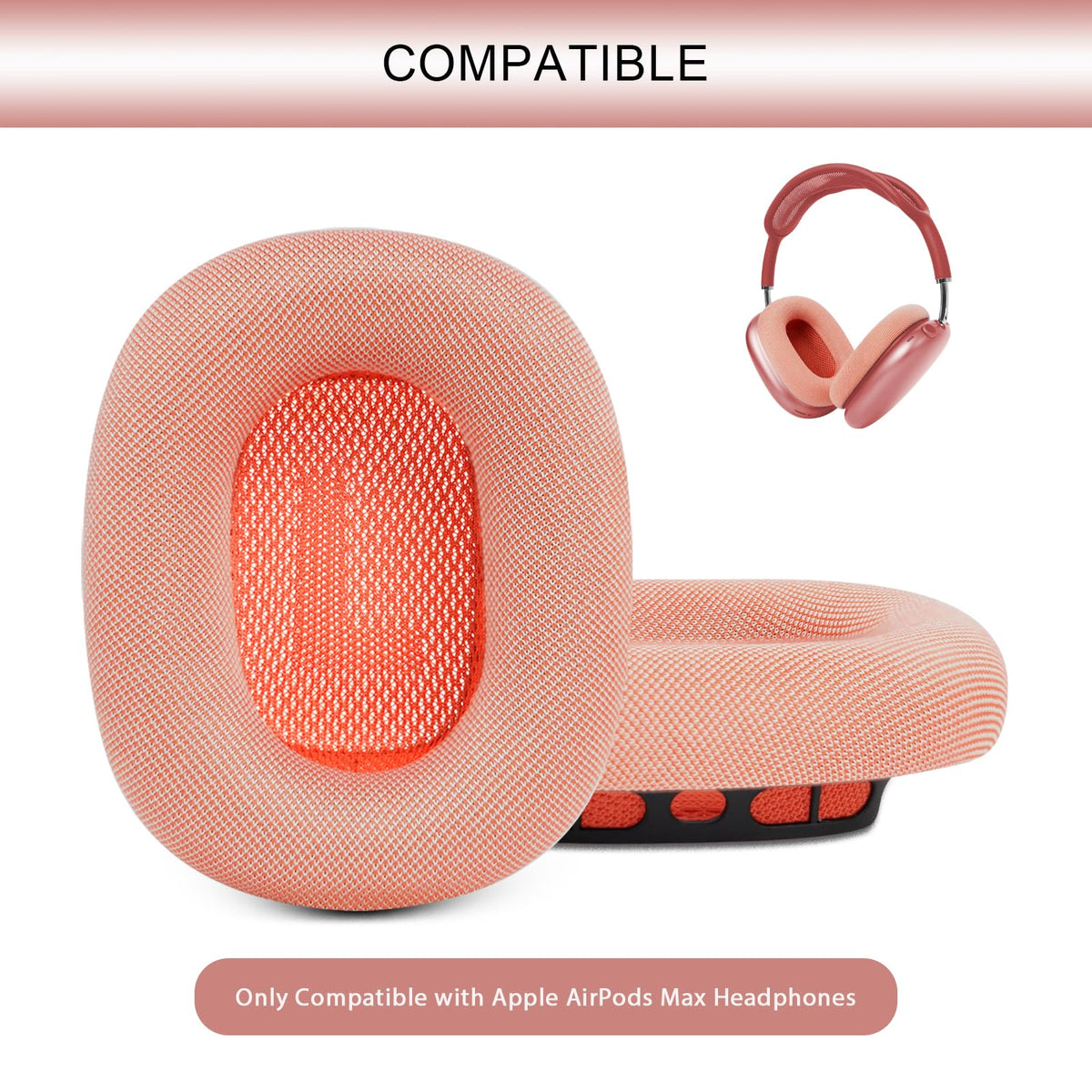 GEVO AirPods Max pink close-up shows breathable mesh fabric.