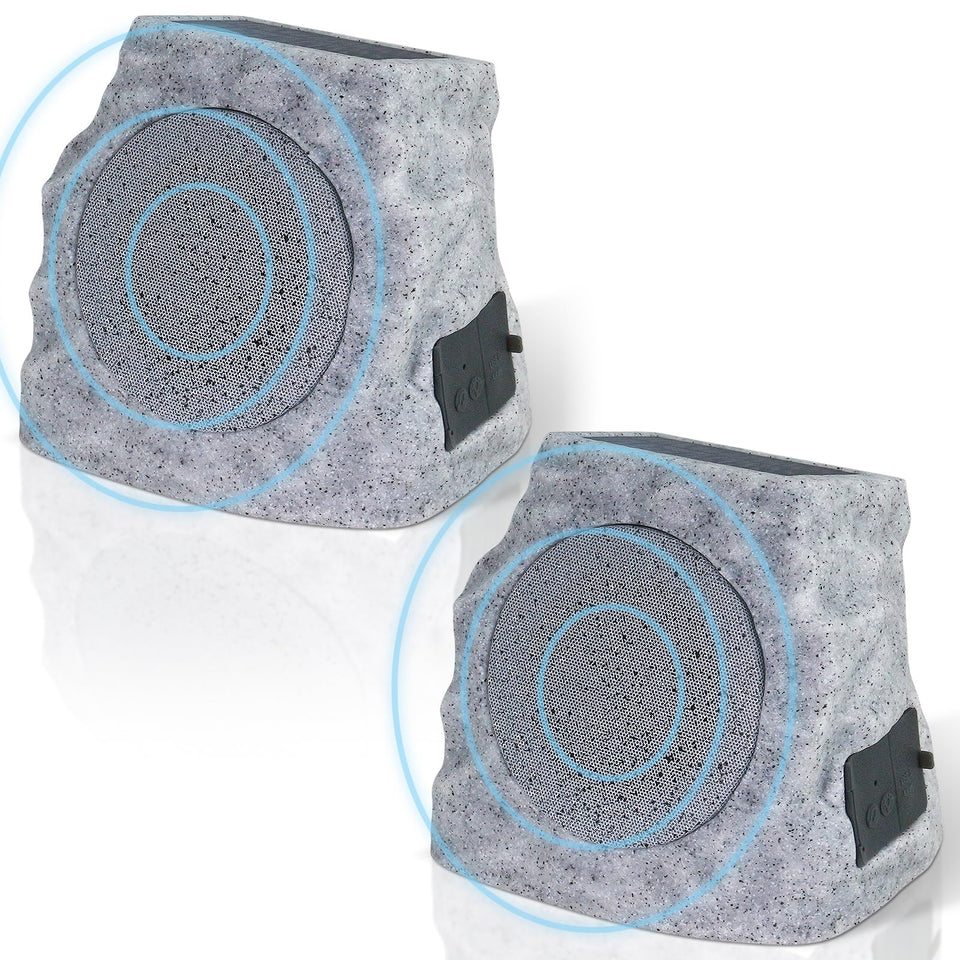 GGII solar rock speakers outdoors provide ambient patio sound.