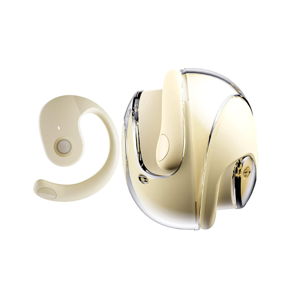 GGSTOPWATER front view of khaki open ear headphones showing compact design and comfort