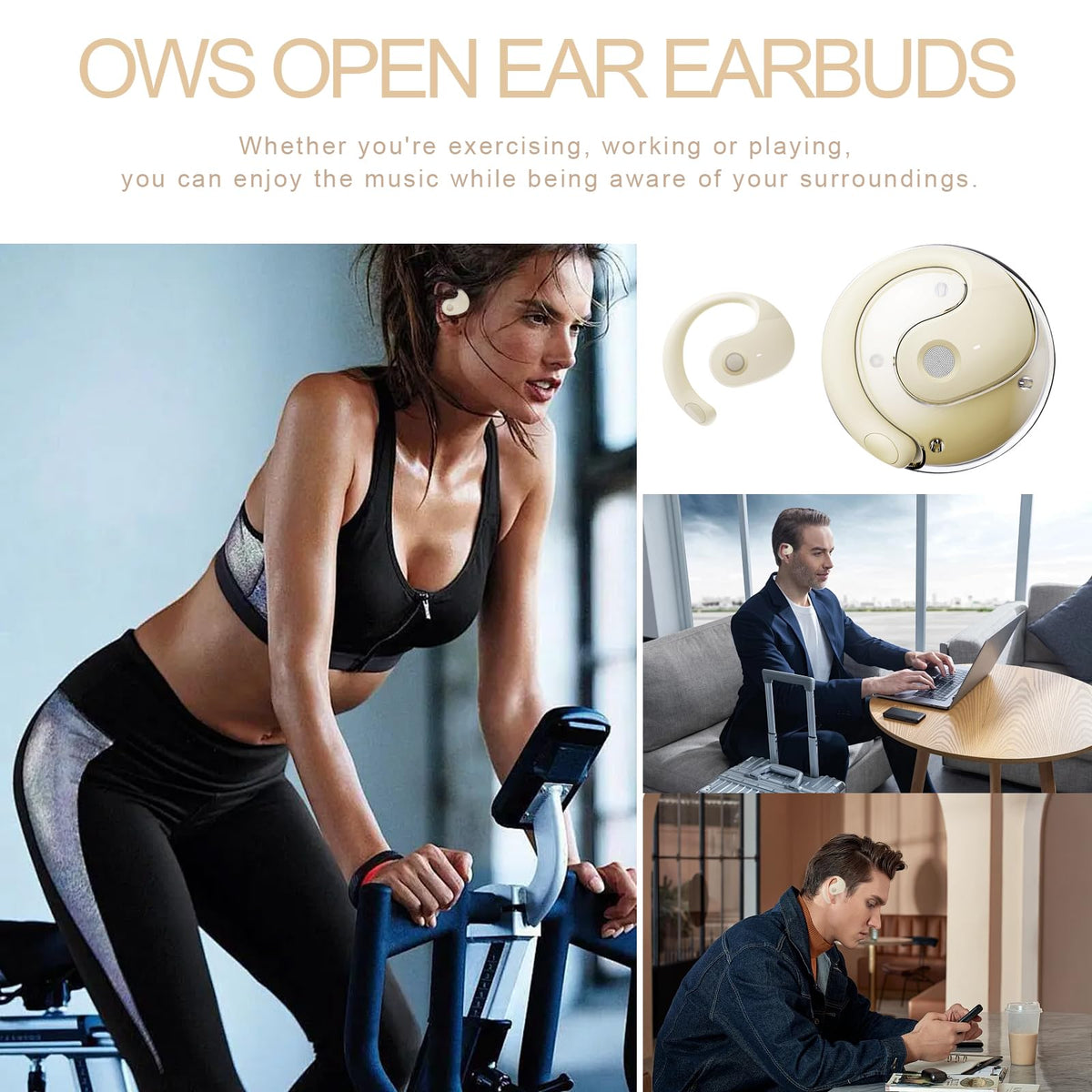 GGSTOPWATER earbuds next to a phone showing pocket-sized scale and travel convenience