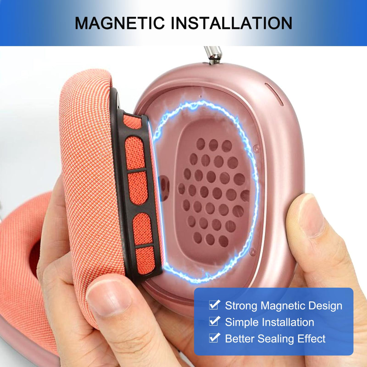 GGVOEARS ear cushions magnetically attach to AirPods Max for secure fit.