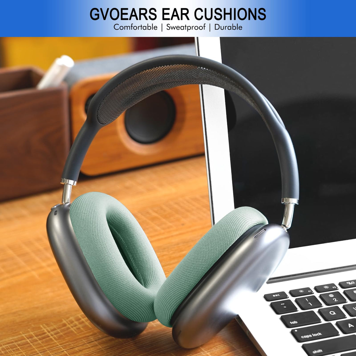 G GVOEARS cushion pack for AirPods Max, green, includes wipes for easy install.