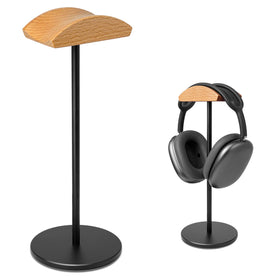 GGVOEARS headphone stand with wood base provides stable desk support.