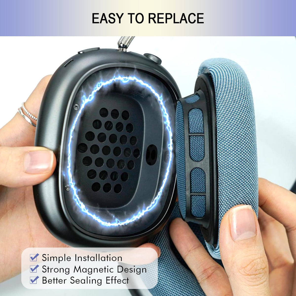 G GVOEARS magnetic design enables quick, secure installation on AirPods Max