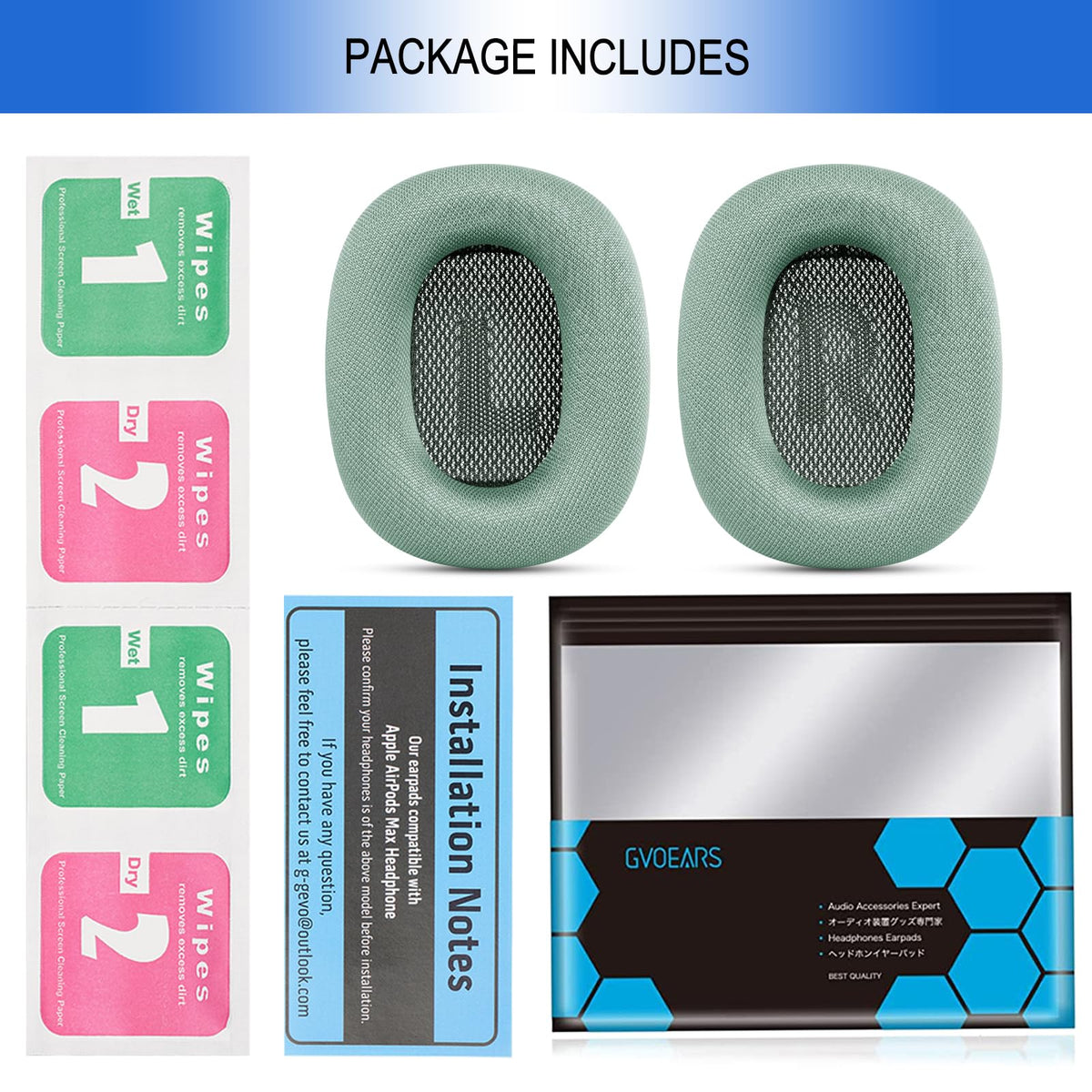 G GVOEARS unboxing visuals, green cushions upgrade for AirPods Max.