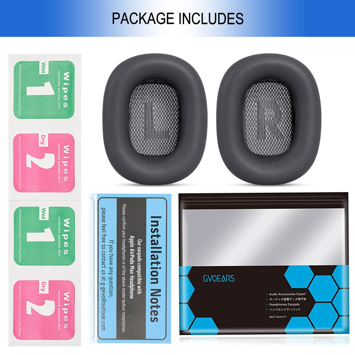GGVOEARS package includes wipe pads and manual for setup.