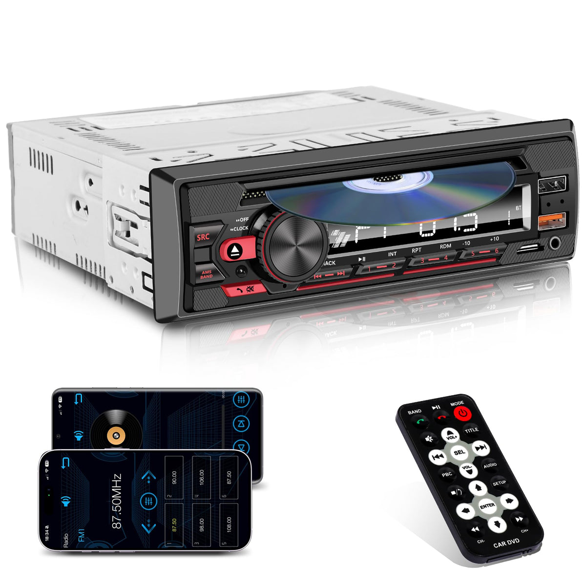 GHIOPMZ single-din stereo with Bluetooth display for hands-free calls and streaming.